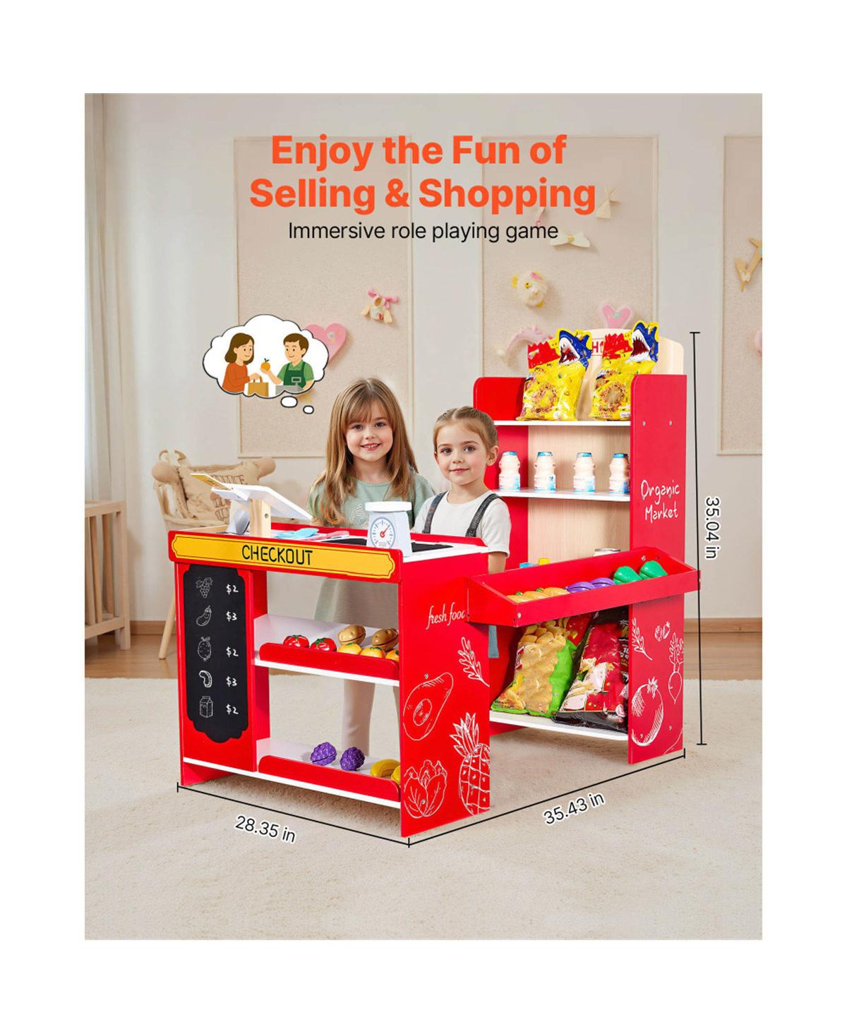 Yobtop Kids Grocery Store Playset,Toy with Cash Register and Scanner, Working Conveyor Belt,35 Fruit and Vegetable Accessories,Pretend Play for Kids