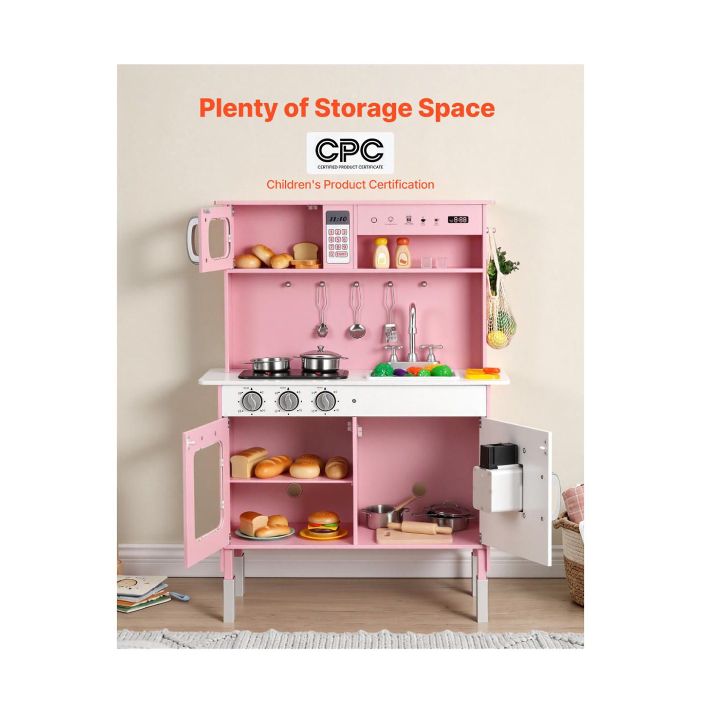 Детская игрушка YOBTOP Wooden Play Kitchen with Interactive Lights, Sounds & Accessories, Ages 3+, цвет: Розовый — фото 7