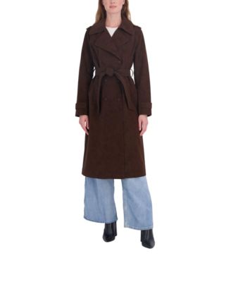 Women's Double-Breasted Long Belted Nubuck Faux-Leather Trench Coat