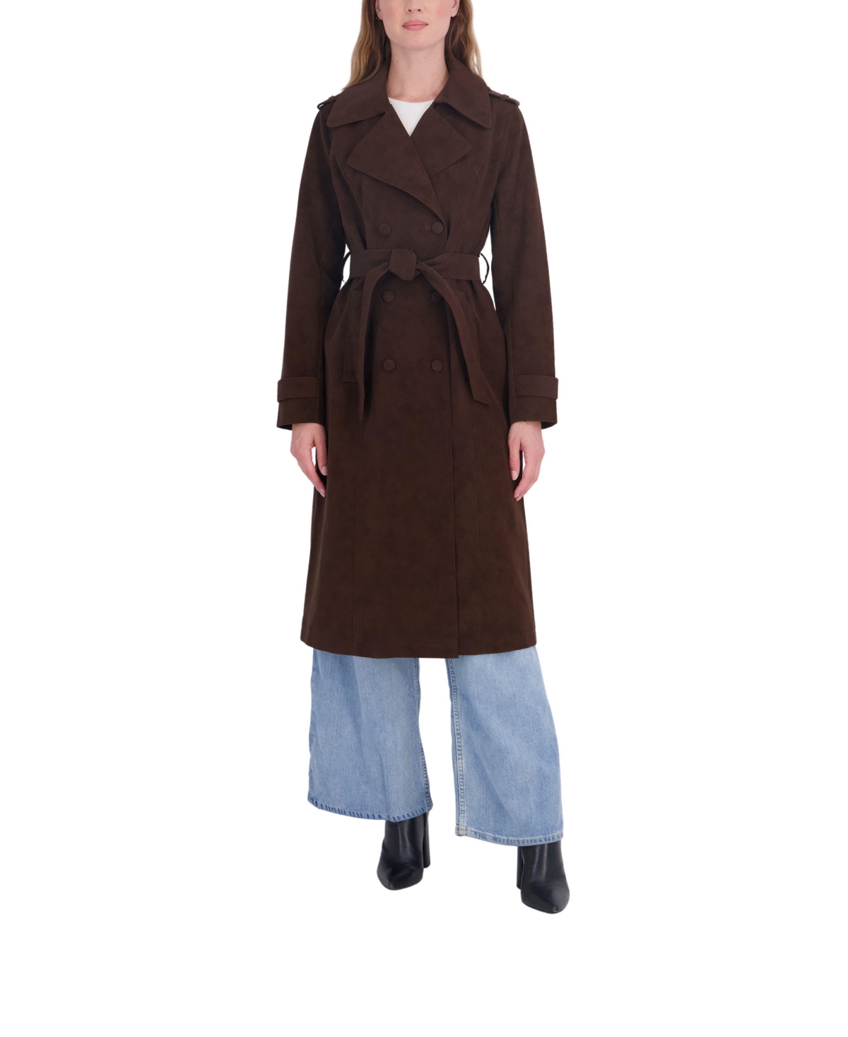 Sebby Collection Women's Nubuck Faux Leather Belted Trench Coat - Brown