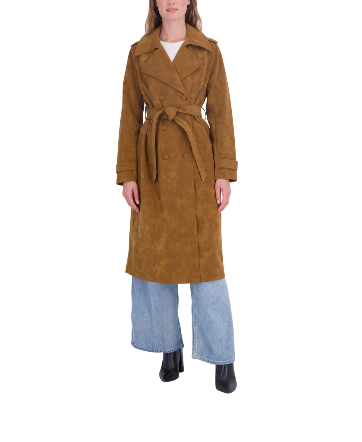 Sebby Collection Women's Nubuck Faux Leather Belted Trench Coat - Cognac