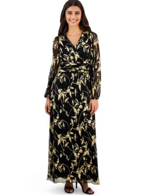 Petite Foil Print Pleat Long Floral V-Neck Maxi Dress