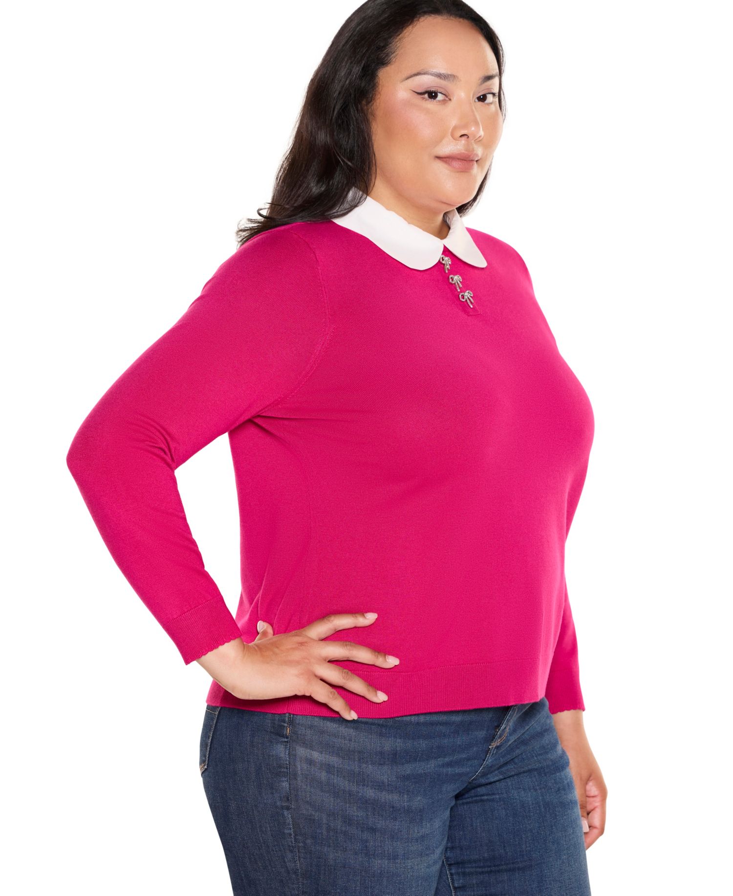 Plus Size Collared Long-Sleeve Bow-Detail Sweater