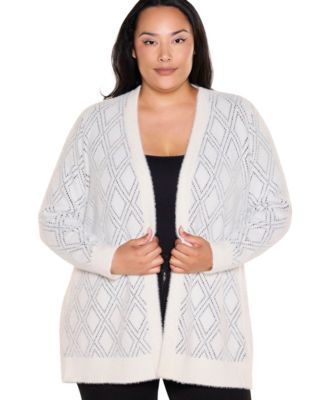Plus Size Diamond-Pattern Long-Sleeve Open-Front Cardigan