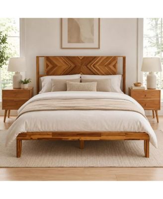 Platform Bed Frame - Mid-Century Modern Wood Bed with Geometric Headboard and Wooden Slats Support, No Box Spring Needed, for Bedroom
