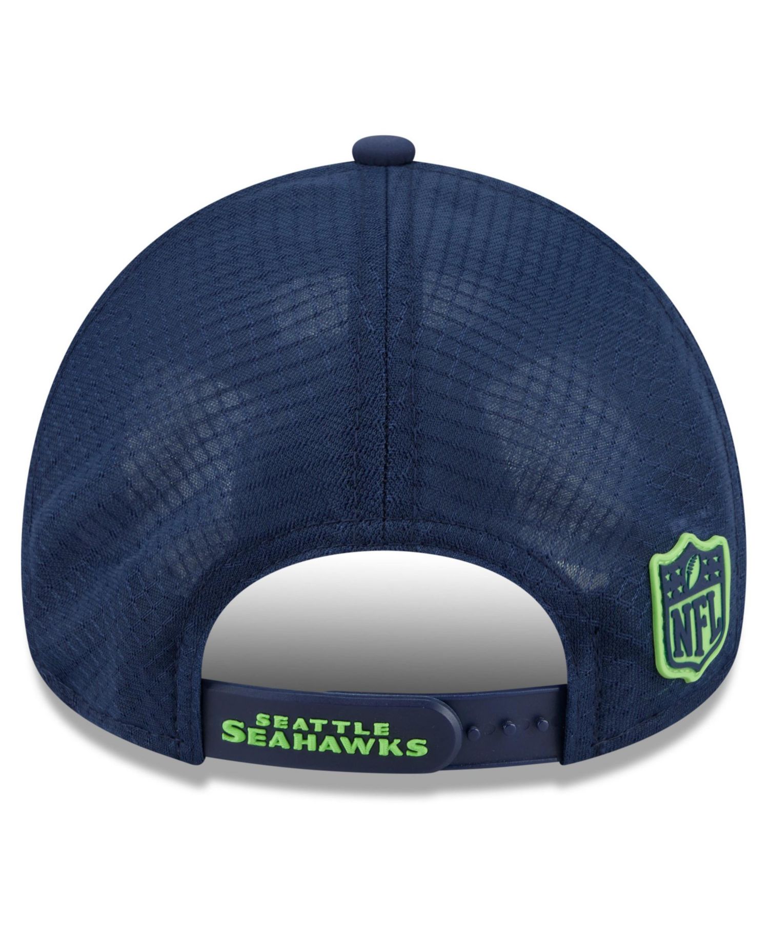 Men's College Navy Seattle Seahawks 2026 Sideline Apex 9FORTY Adjustable Trucker Hat