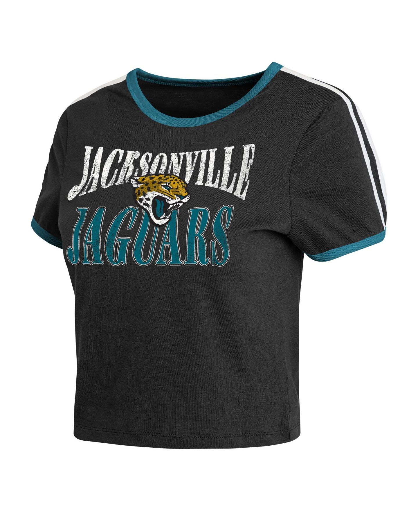 Женская футболка WEAR by Erin Andrews Black Jacksonville Jaguars Cropped Throwback Ringer Baby T-Shirt — фото 3