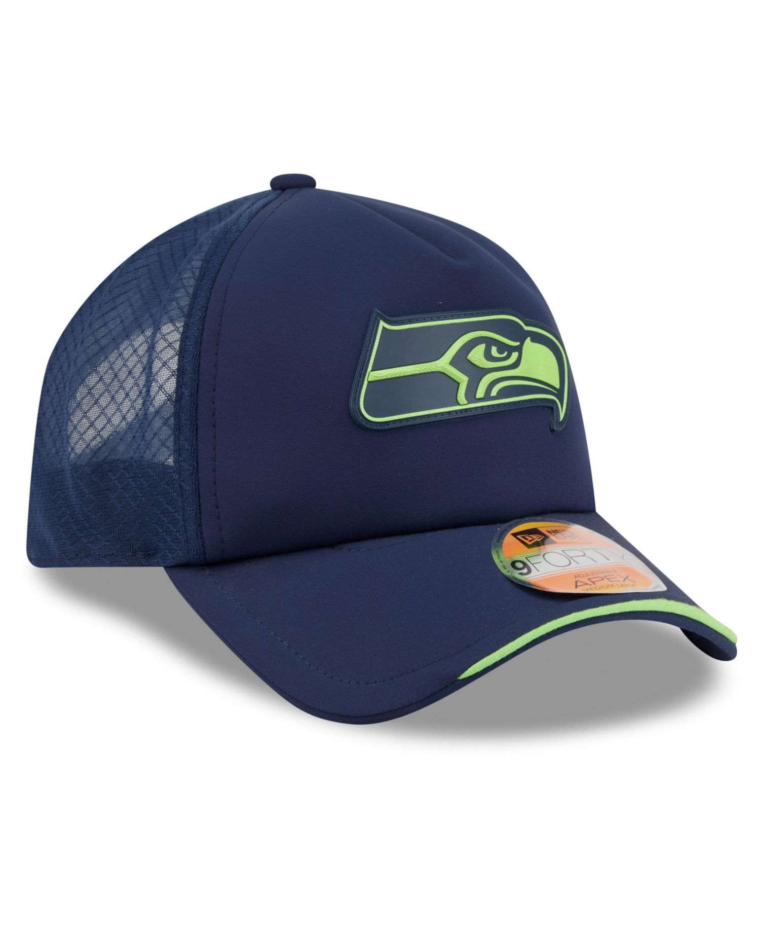 Men's College Navy Seattle Seahawks 2026 Sideline Apex 9FORTY Adjustable Trucker Hat