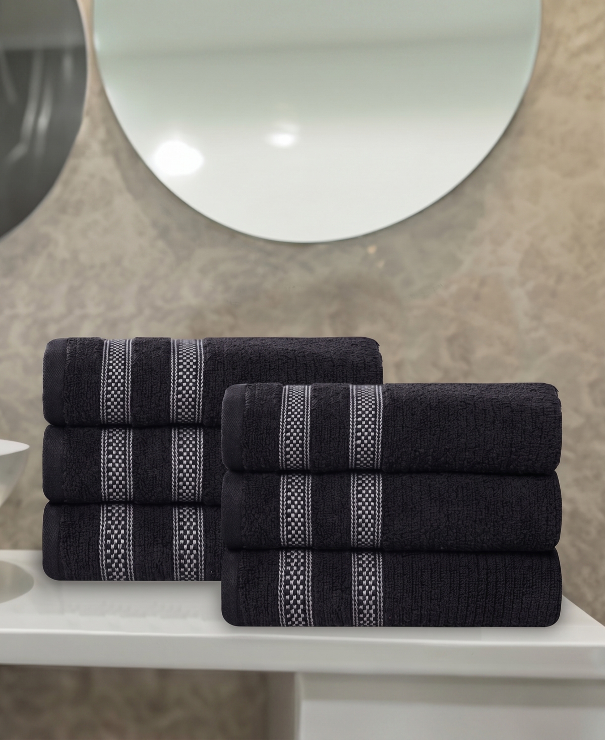 Superior Brea Zero Twist Cotton Ribbed Geometric Border Plush Soft Absorbent 6-Piece Hand Towel Set