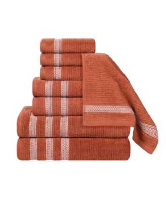 Brea Zero Twist Cotton Ribbed Geometric Border Plush Soft Absorbent 8-Piece Towel Set