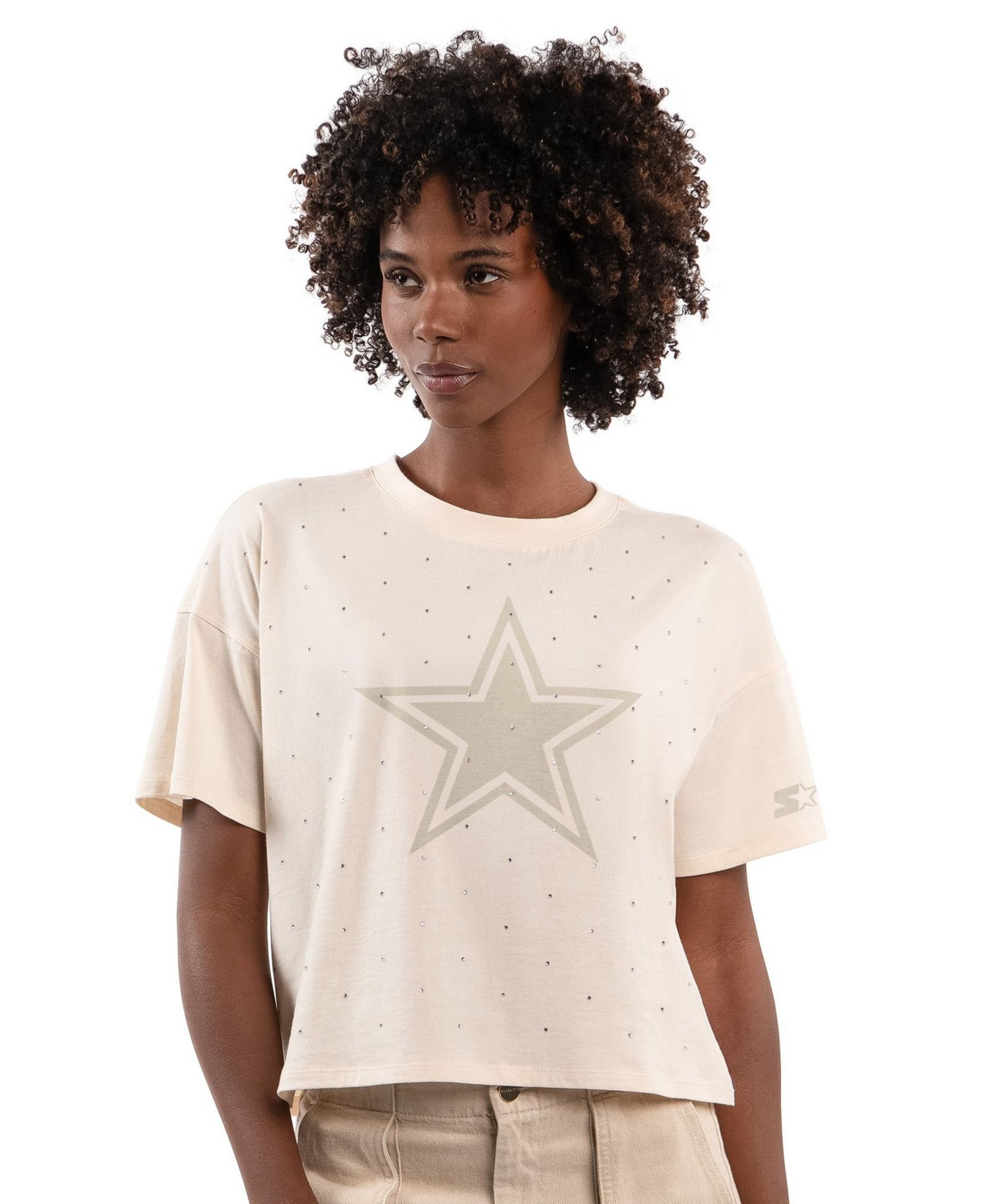 Women's Cream Dallas Cowboys Rhinestone Sprinkle Boxy Cropped T-Shirt