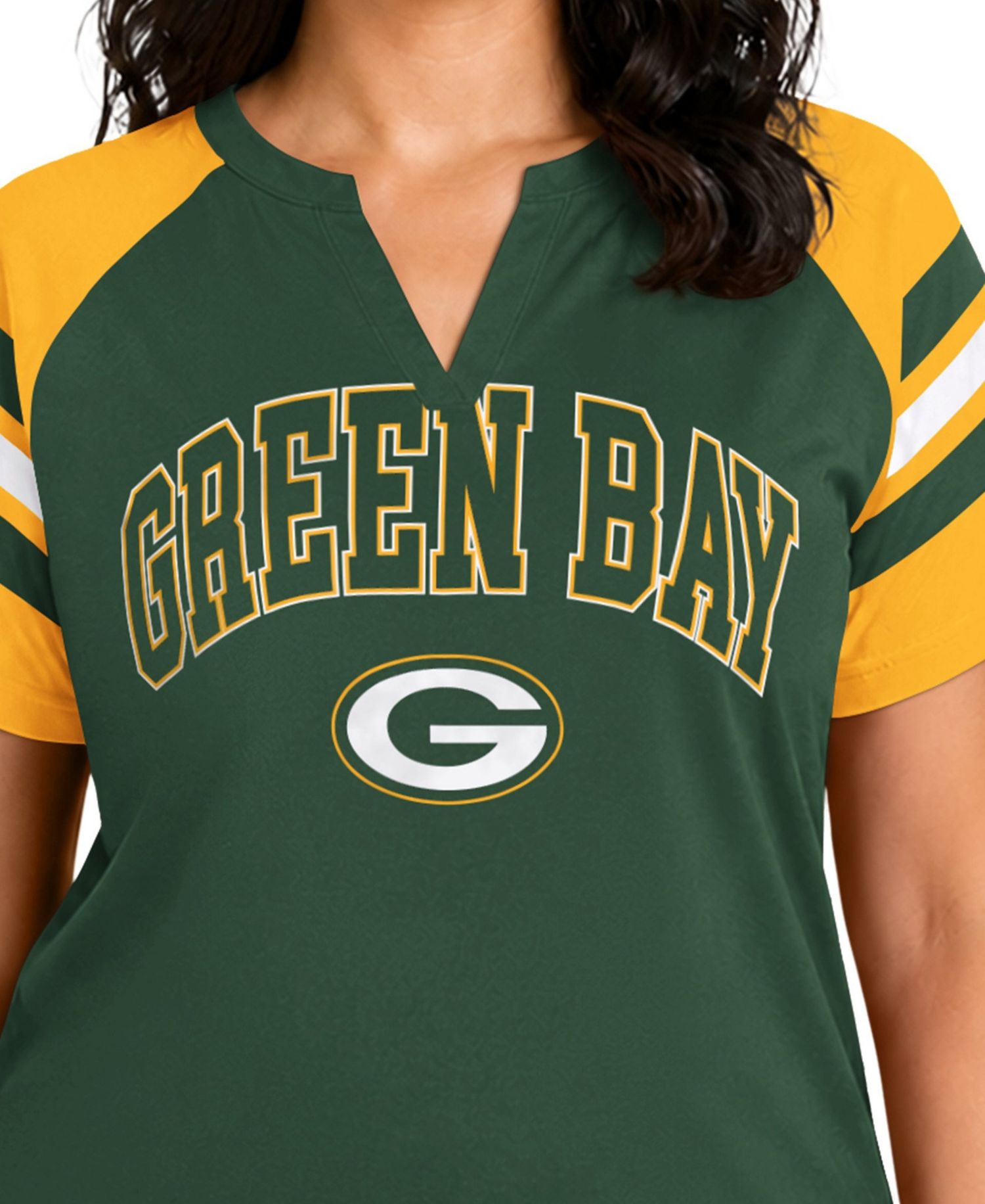 Women's Green Bay Packers Plus Size Game On Notch Neck Raglan T-Shirt