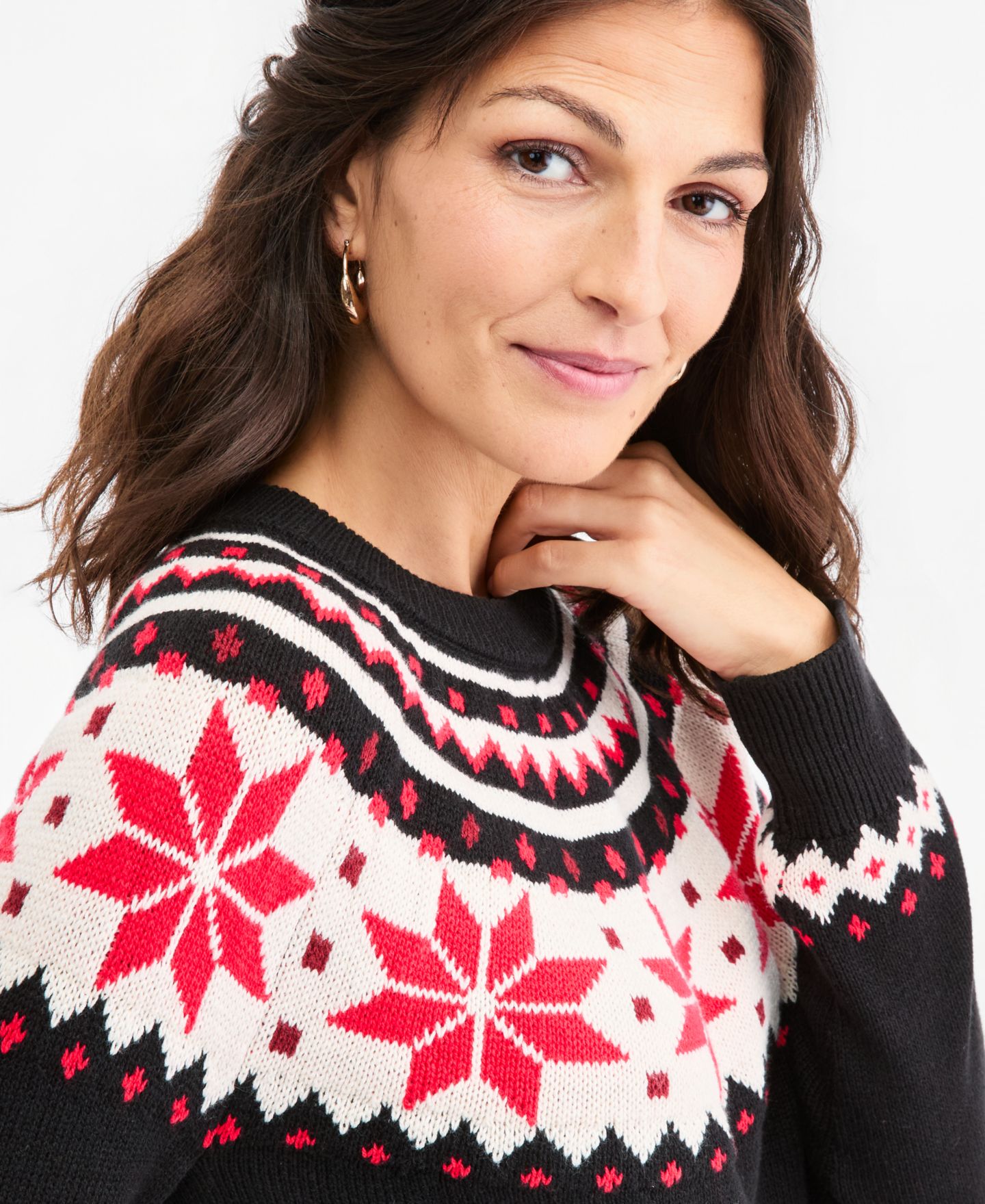 Женский свитер Style & Co Petite Whimsy Snowflake Fair Isle Pullover Cotton-Blend Crewneck, цвет: Глубокий чёрный — фото 3