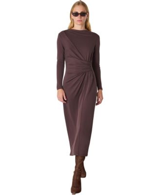 Women's Ruched Midi Boat Neck Dress