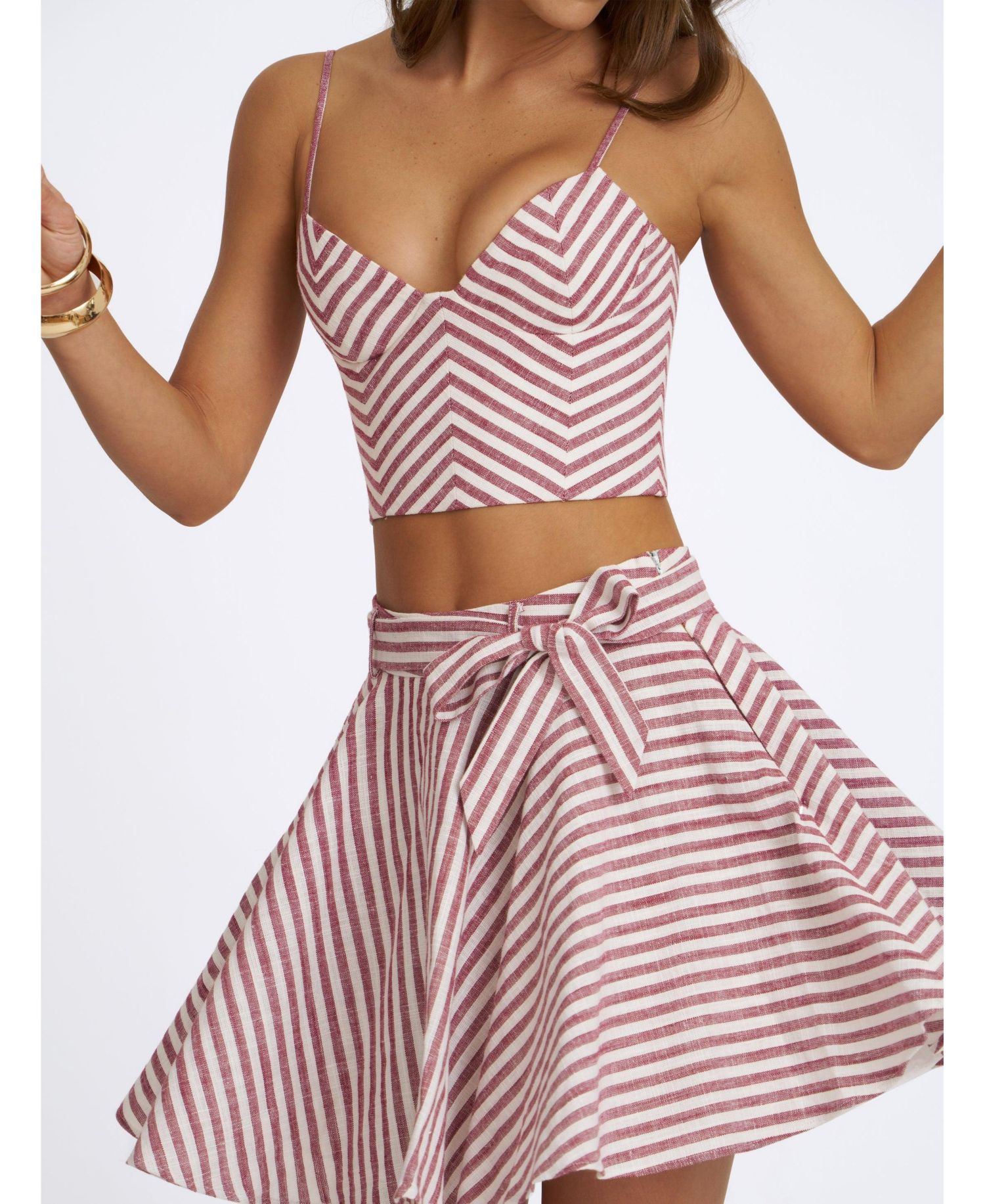 Women's Chevron-Striped Sleeveless Cotton-Linen Blend Cropped Top