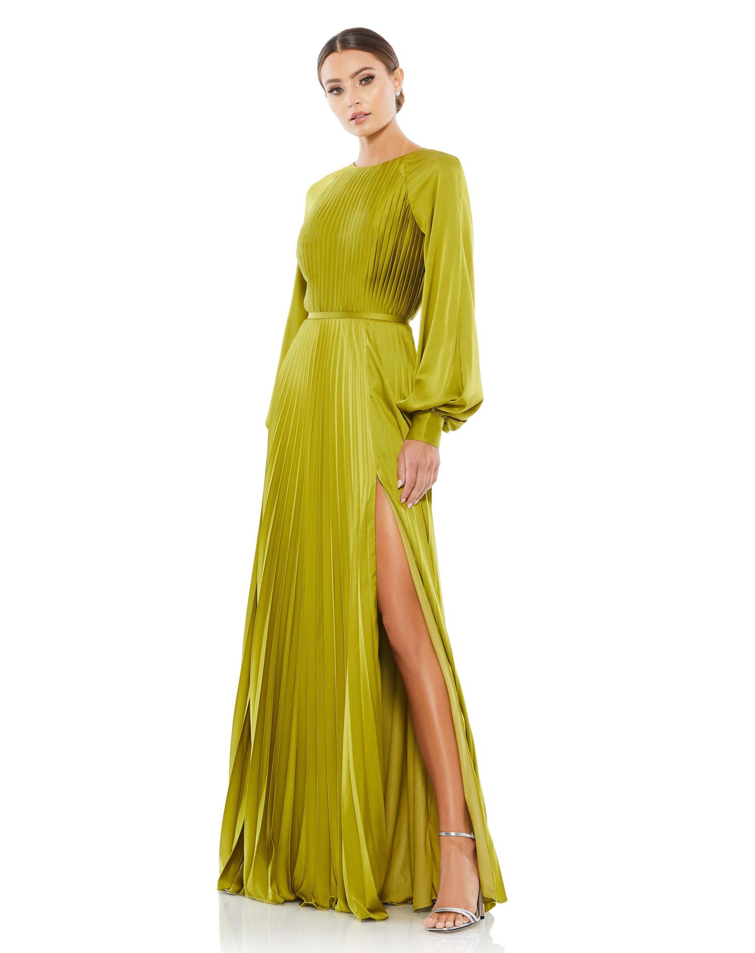 Women's Pleated High Neck Raglan Long Sleeve Side Slit Gown