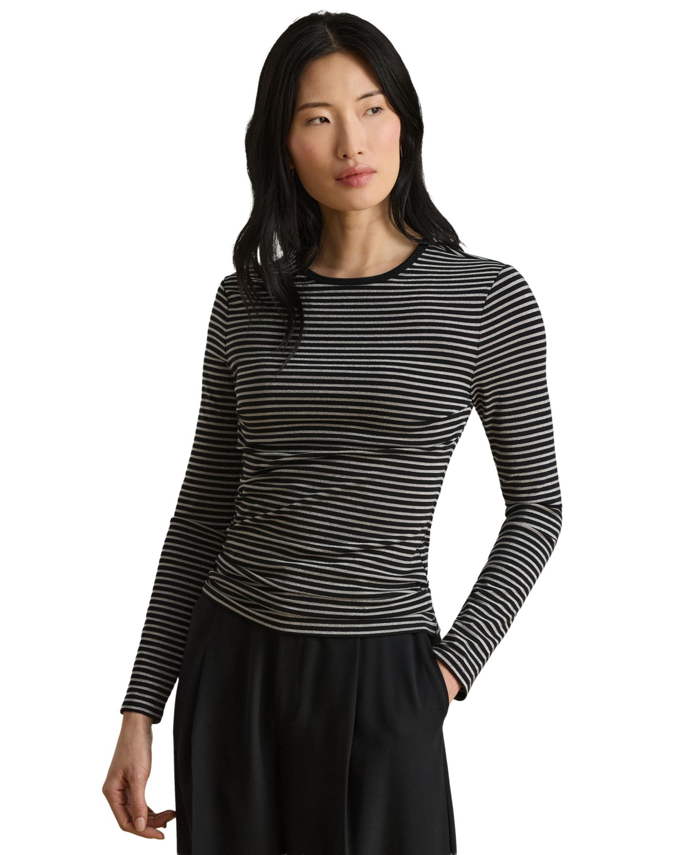 Женская футболка Lauren Ralph Lauren Striped Cotton-Blend Long-Sleeve, цвет: Чёрный / Оловянный — фото 1