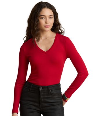 Women's Rib-Knit Long-Sleeve V-Neck Top