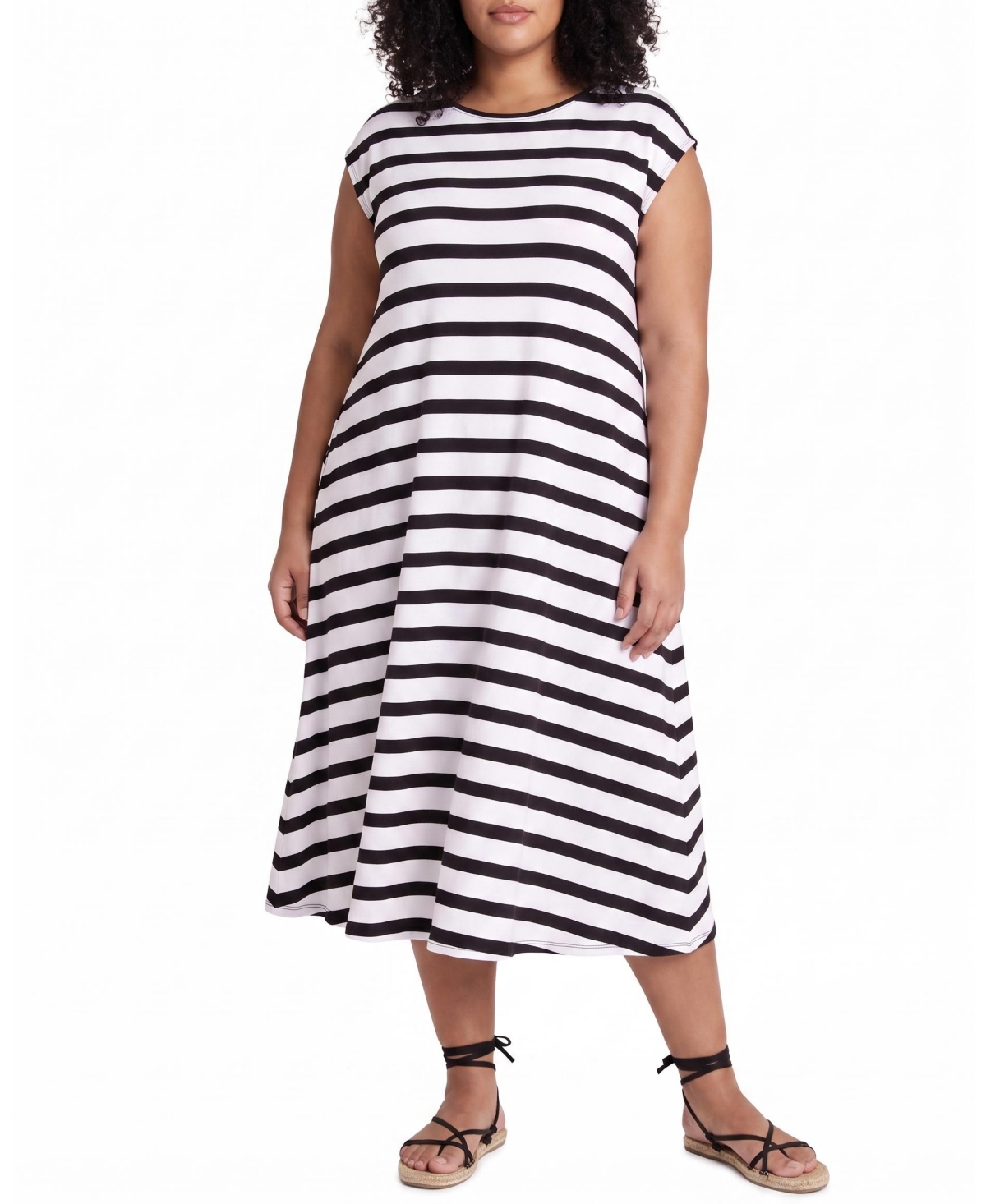 Universal Standard Plus Size Divine Jersey V-Neck A-Line Midi Dress - Black/white stripe