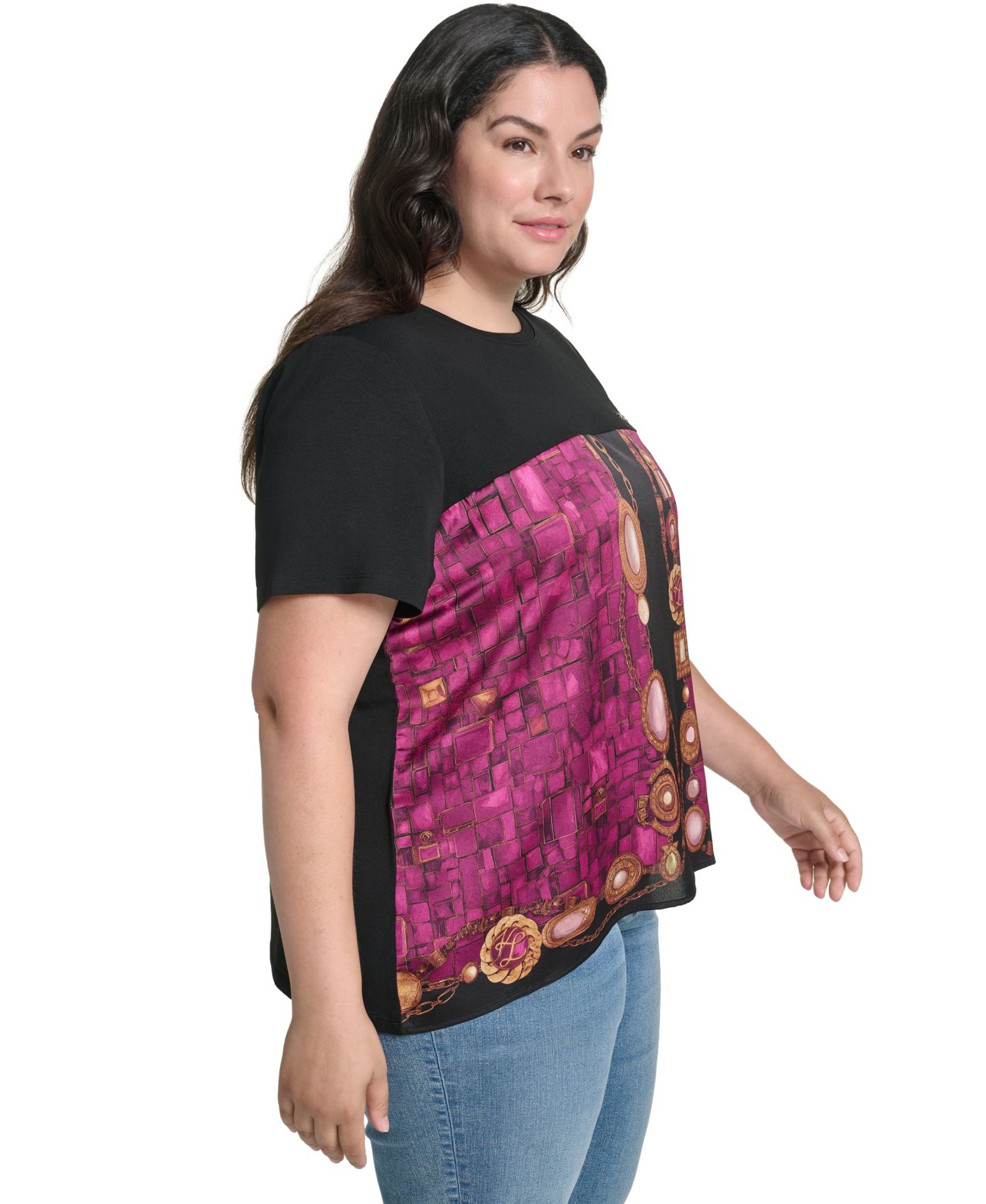 Женская блузка KARL LAGERFELD PARIS Plus Size Gemstone Knit Placed-Print Crewneck Blouse, цвет: Вишнёвый комбинированный — фото 3