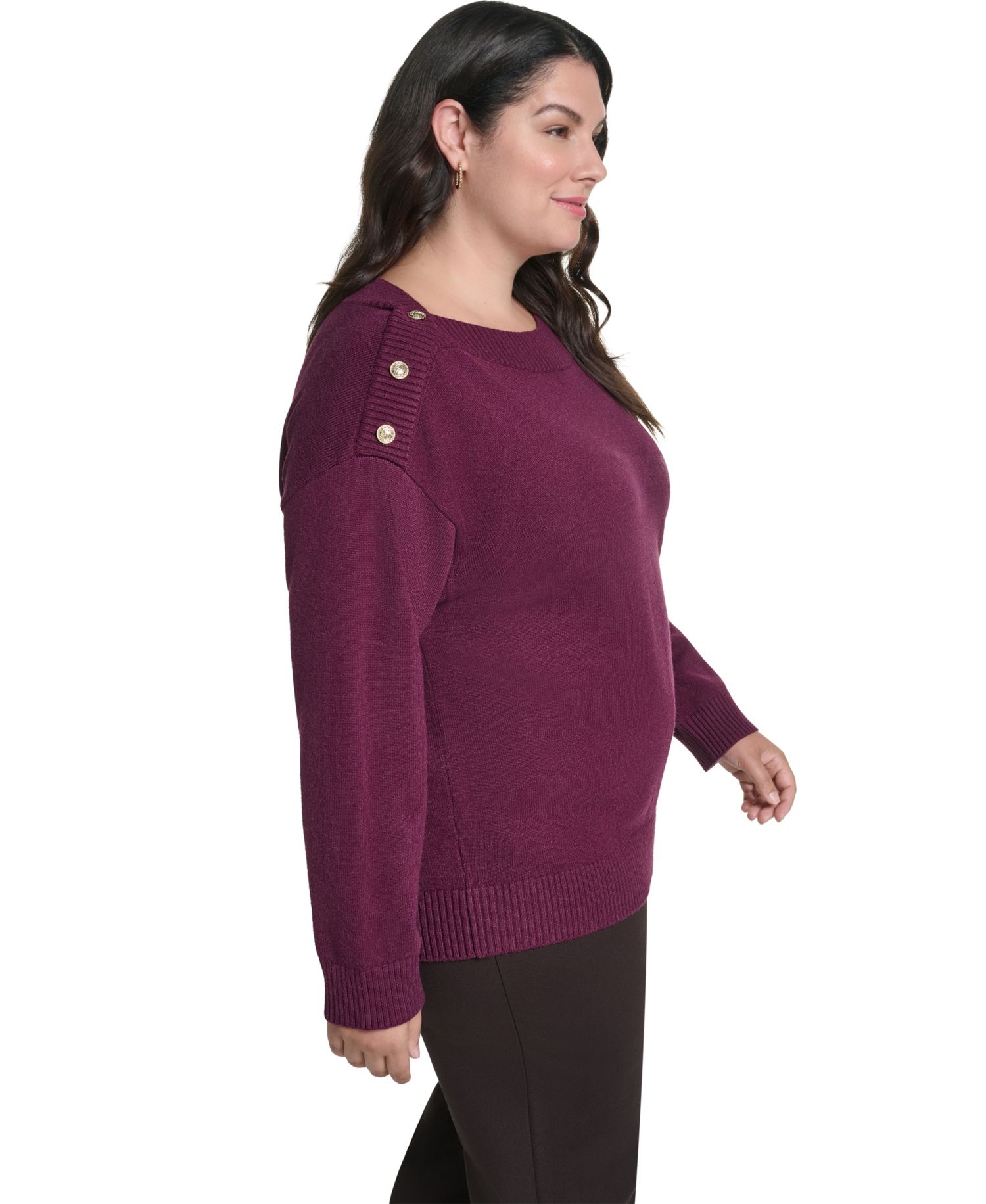 Plus Size Boatneck Button Shoulder Overlay Sweater