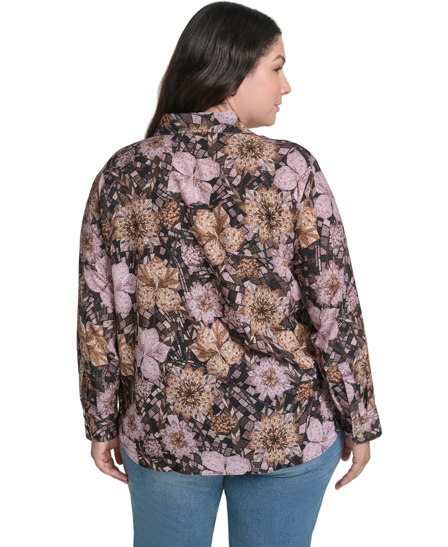 Plus Size Geo Floral Long-Sleeve Button-Up Woven Blouse