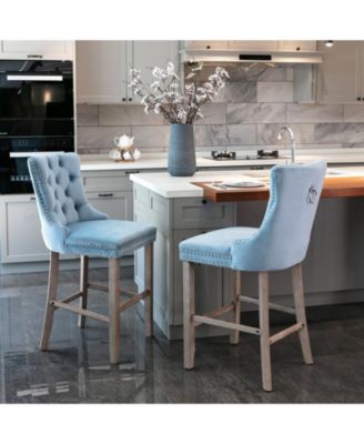 Set of 2 Mid-Century Bar Stools with High Back and Nailhead Trim, Solid Wood Legs