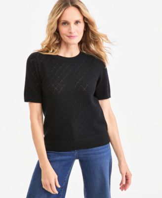 Women's Pointelle Crewneck Short-Sleeve Sweater