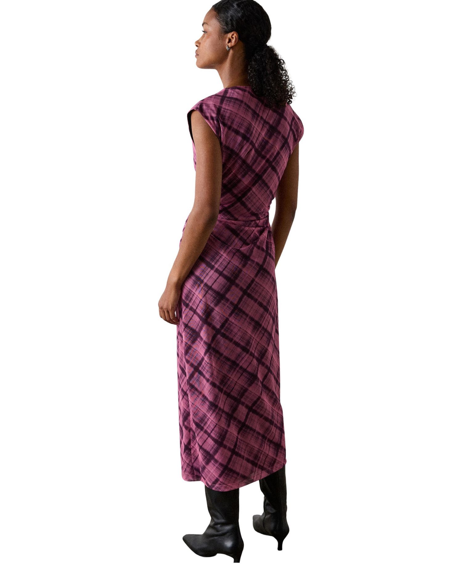 Women's Twist Check Mesh Ruched-Waist Midi Dress