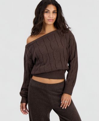 Juniors' Chenille Cable-Knit Off-the-Shoulder Slouchy Sweater