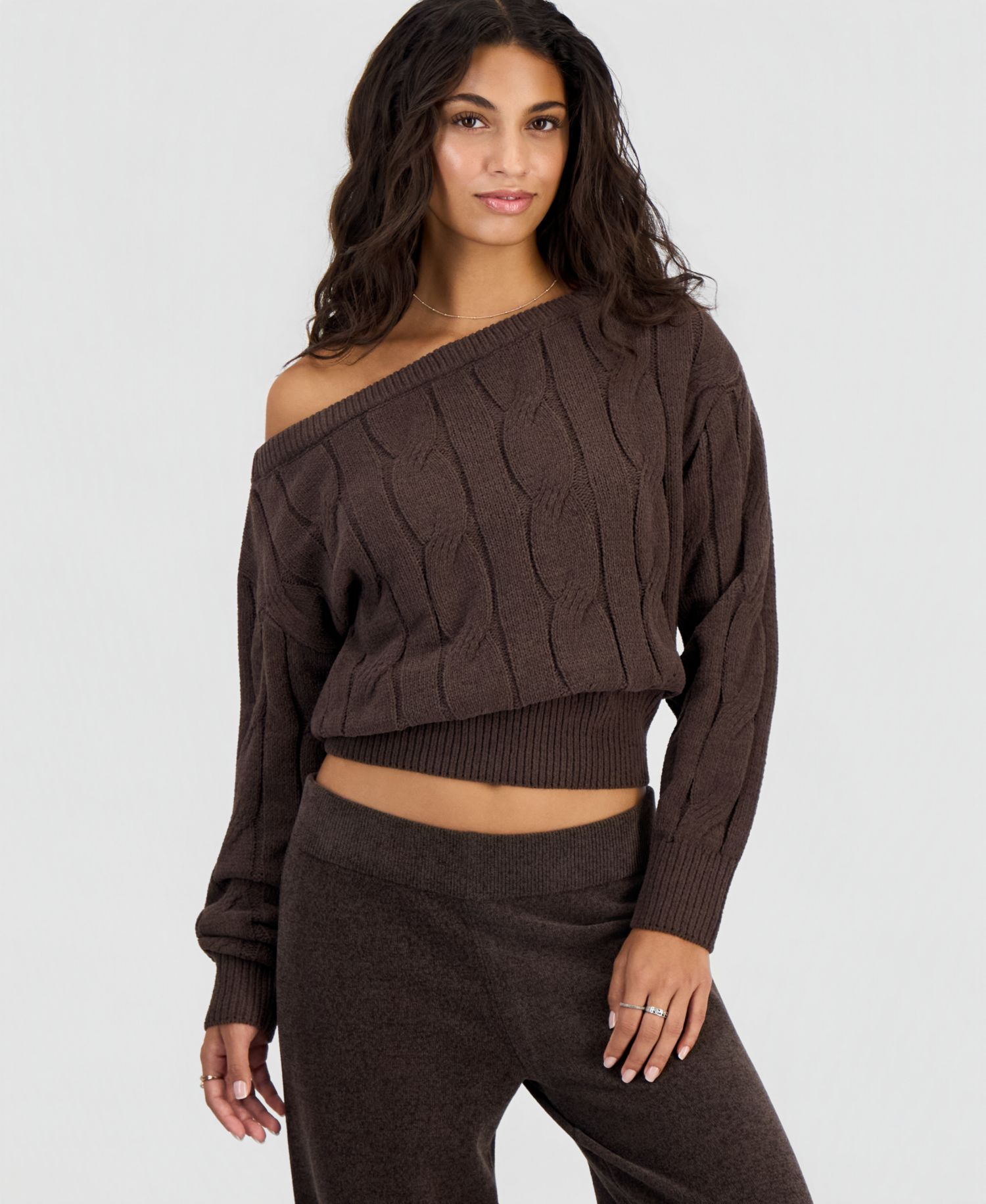 Juniors' Cable-Knit Off-the-Shoulder Slouchy Sweater