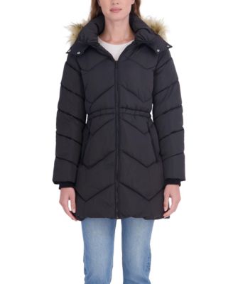 Women's 3/4 Hooded Faux Fur Trimmed Puffer Coat