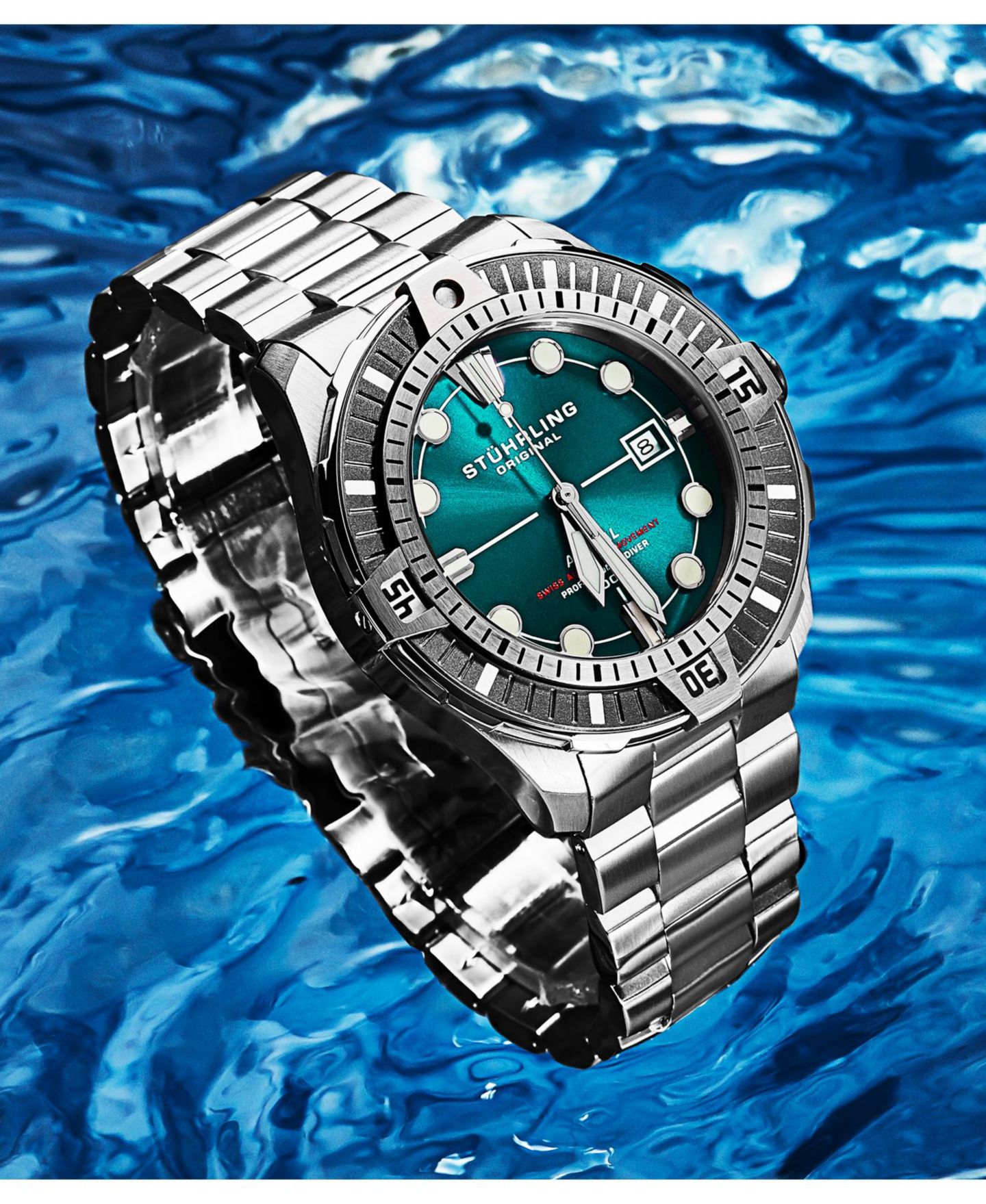 Мужские часы Stuhrling Astral Diver 44mm Swiss Automatic Watch, Teal Dial, Stainless Steel Bracelet, Rotating Bezel, 200M Water Resistant, цвет: Серебряный — фото 5
