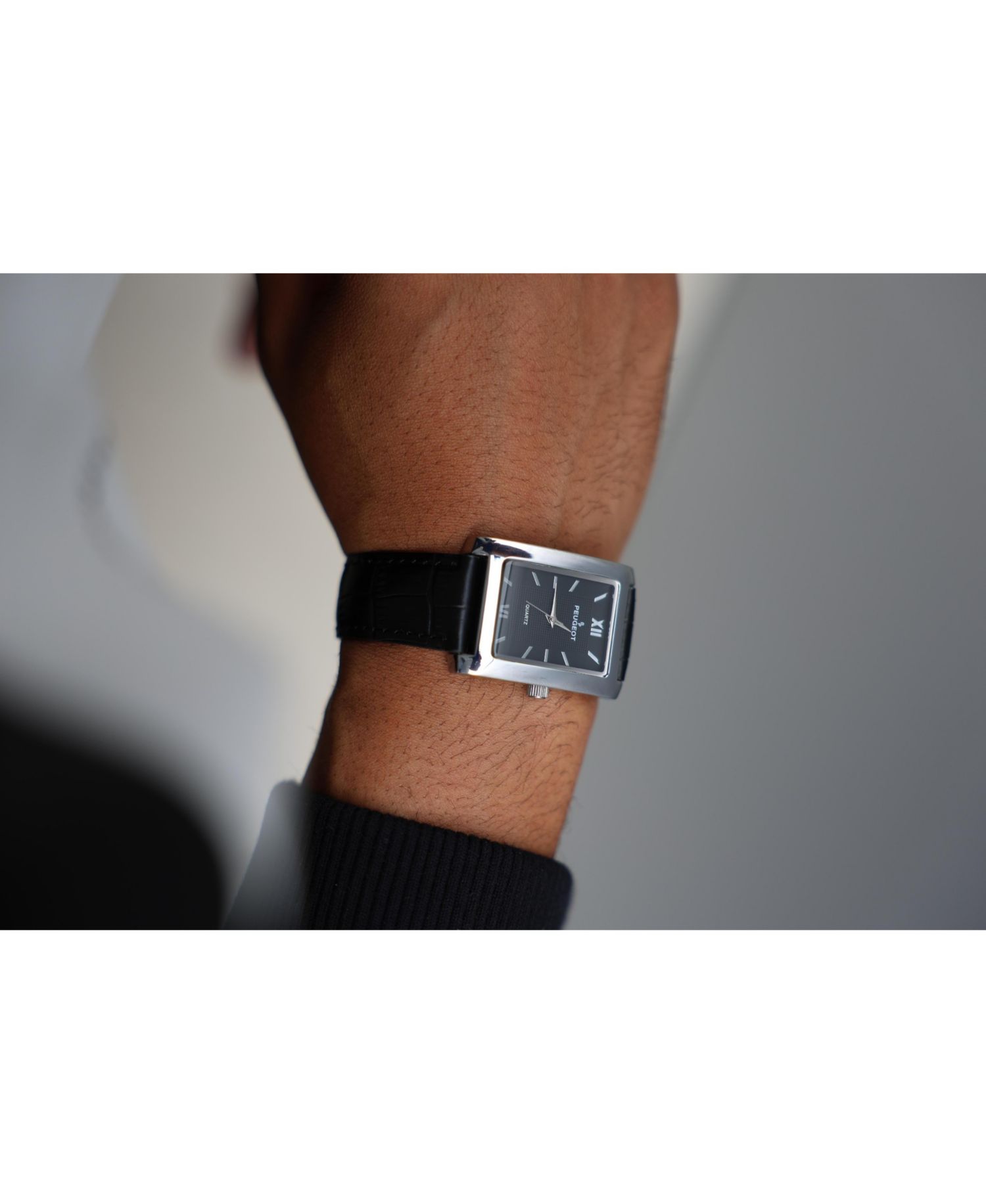 Men's 30X40mm Silver Tank Shape Watch with Black Dial and Black Leather Strap