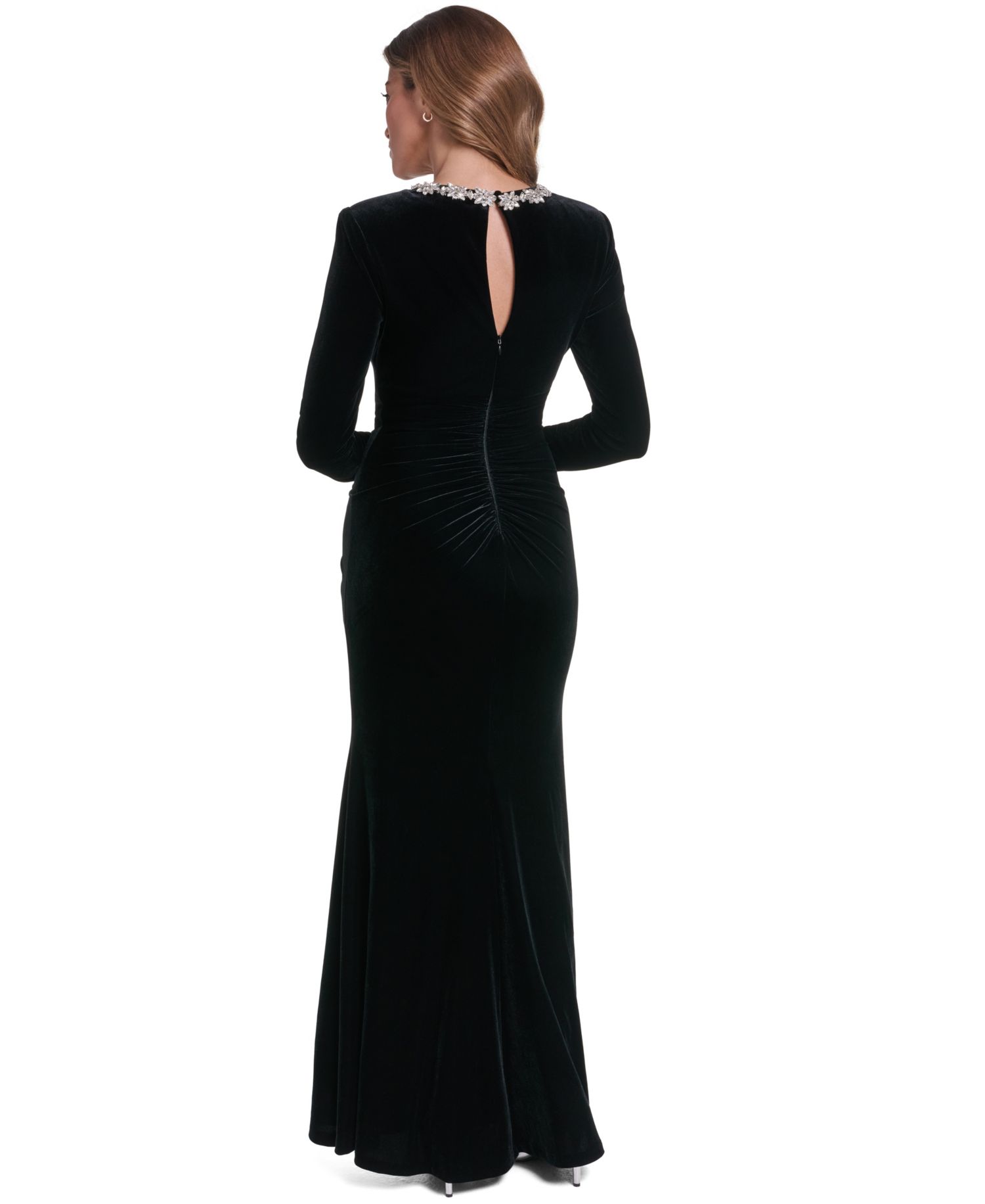 Women's Long-Sleeve Embellished Jewel Neck Mermaid Velvet Gown