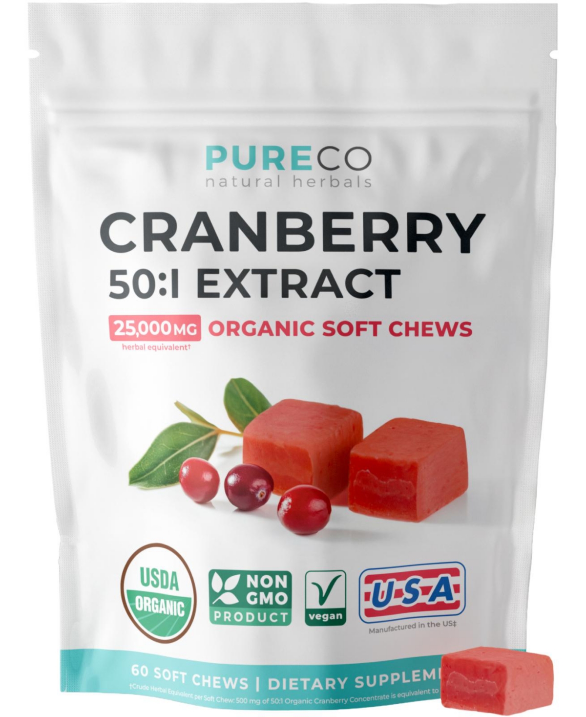 Pure Co Cranberry Soft Chews, 50:1 Cranberry Extract
