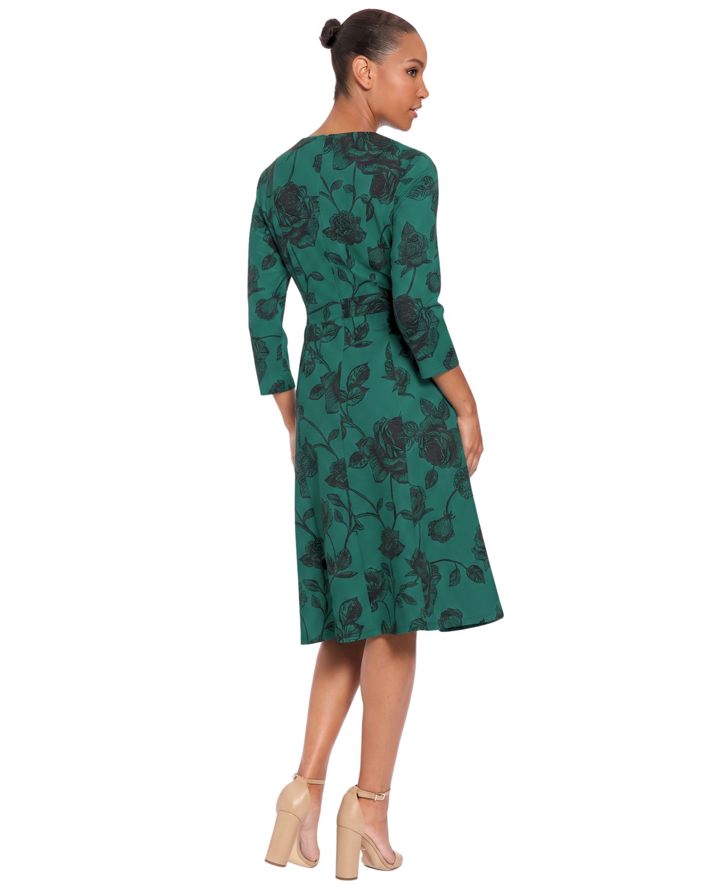 Petite Printed Side Tab Floral A-Line 3/4-Sleeve Midi Dress