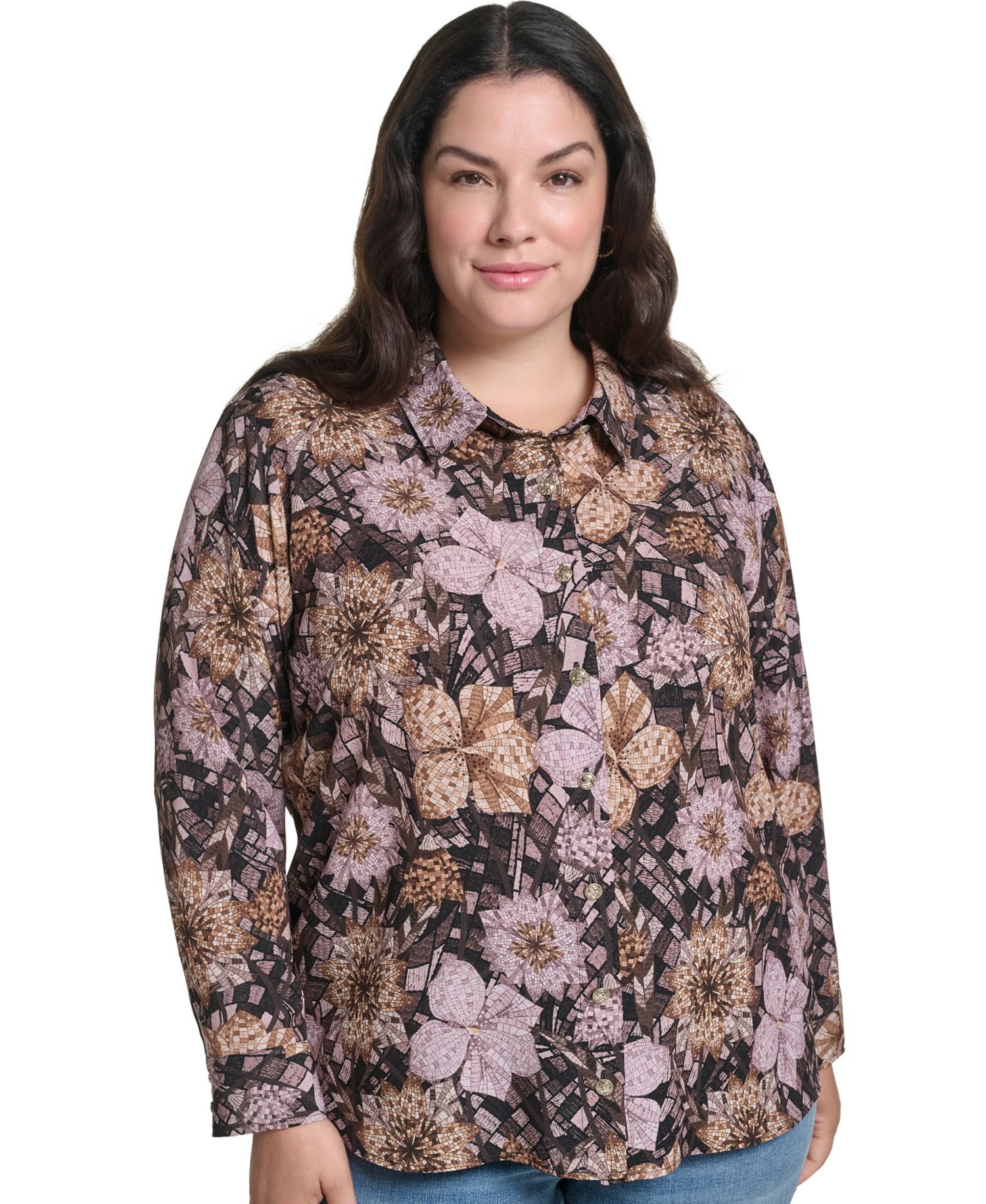 Plus Size Geo Floral Long-Sleeve Button-Up Woven Blouse
