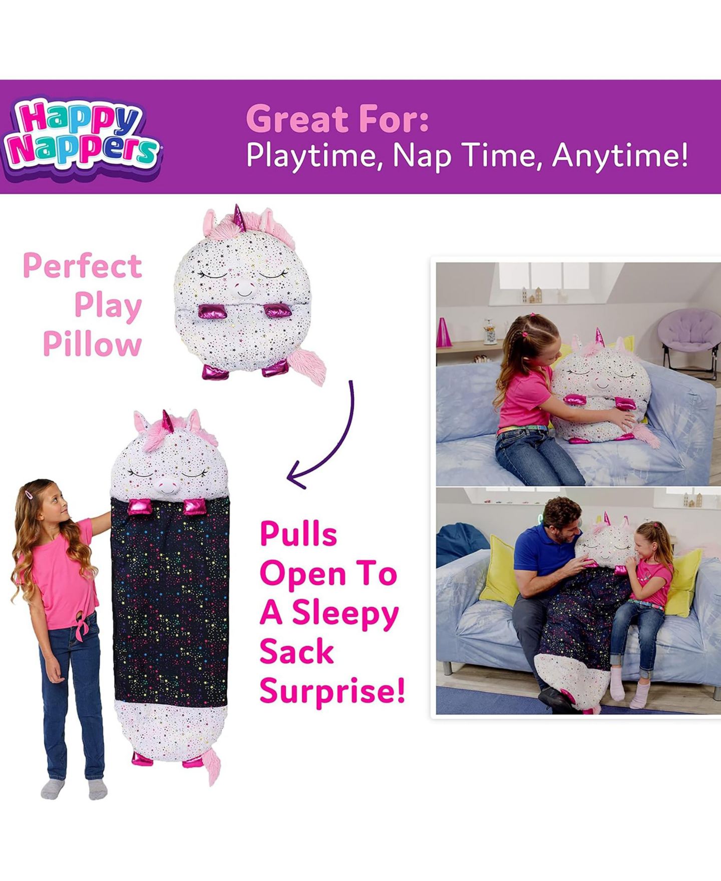 Детские мягкие игрушки Happy Nappers Shimmer Unicorn Large Plush Pillow-Sleeping Bag — фото 4