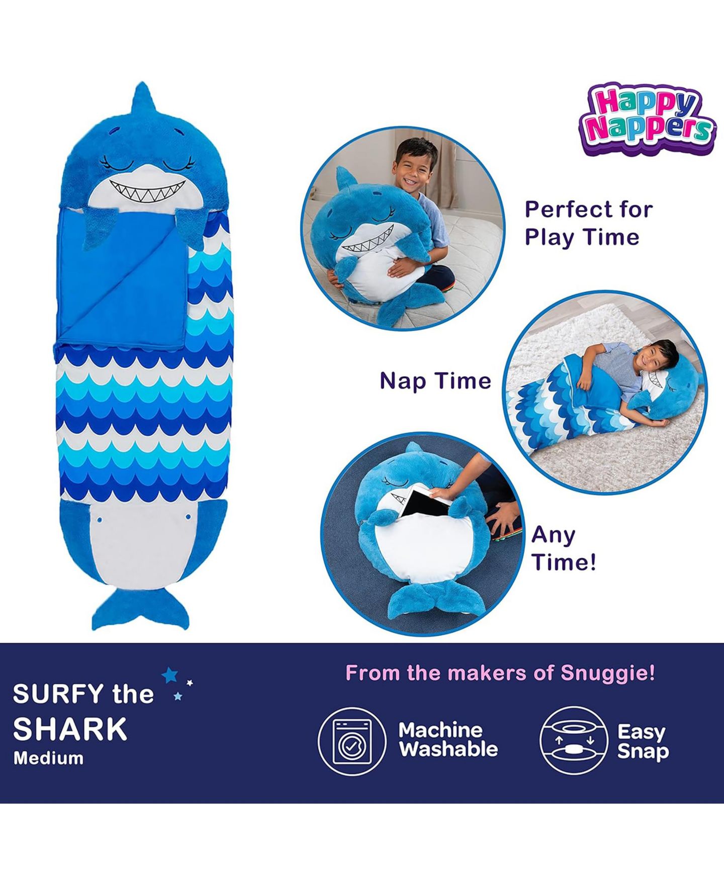 Детские мягкие игрушки Happy Nappers Shark Medium Pillow and Sleepy Sack, цвет: Open Miscellaneous — фото 3