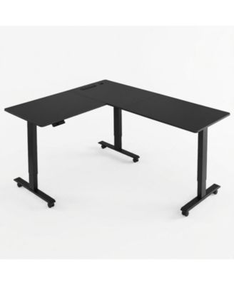 63 Inch L Shaped Electric Standing Corner Desk with Carbon Steel Frame Power Strip and Casters