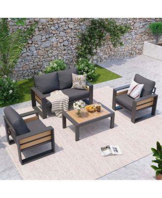 Outdoor Patio Conversation Set Durable Aluminum Sofas, Plush Cushions, Wood Texture Table Weatherproof