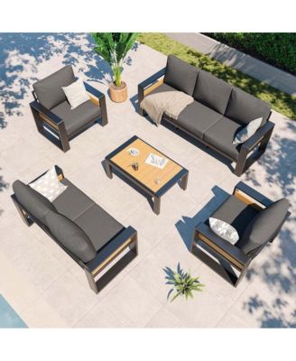 Outdoor Patio Conversation Set Durable Aluminum Sofas, Plush Cushions, Wood Texture Table Weatherproof