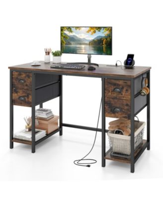48'' Computer Desk With Power Outlet 4 Fabric Drawers Storage Shelves Headphone Hook