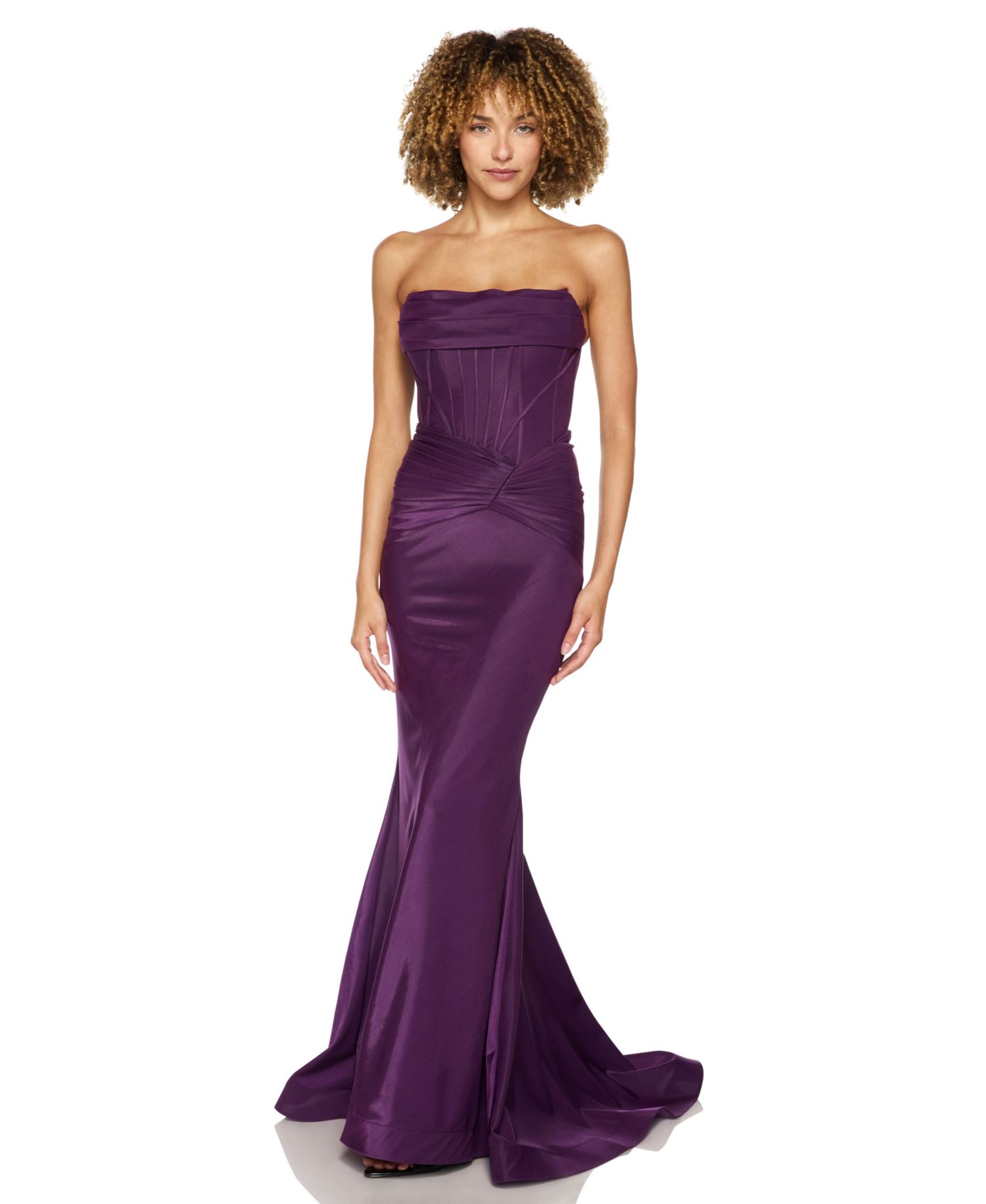 Juniors' Strapless Shiny Knit Front-Drape Gown