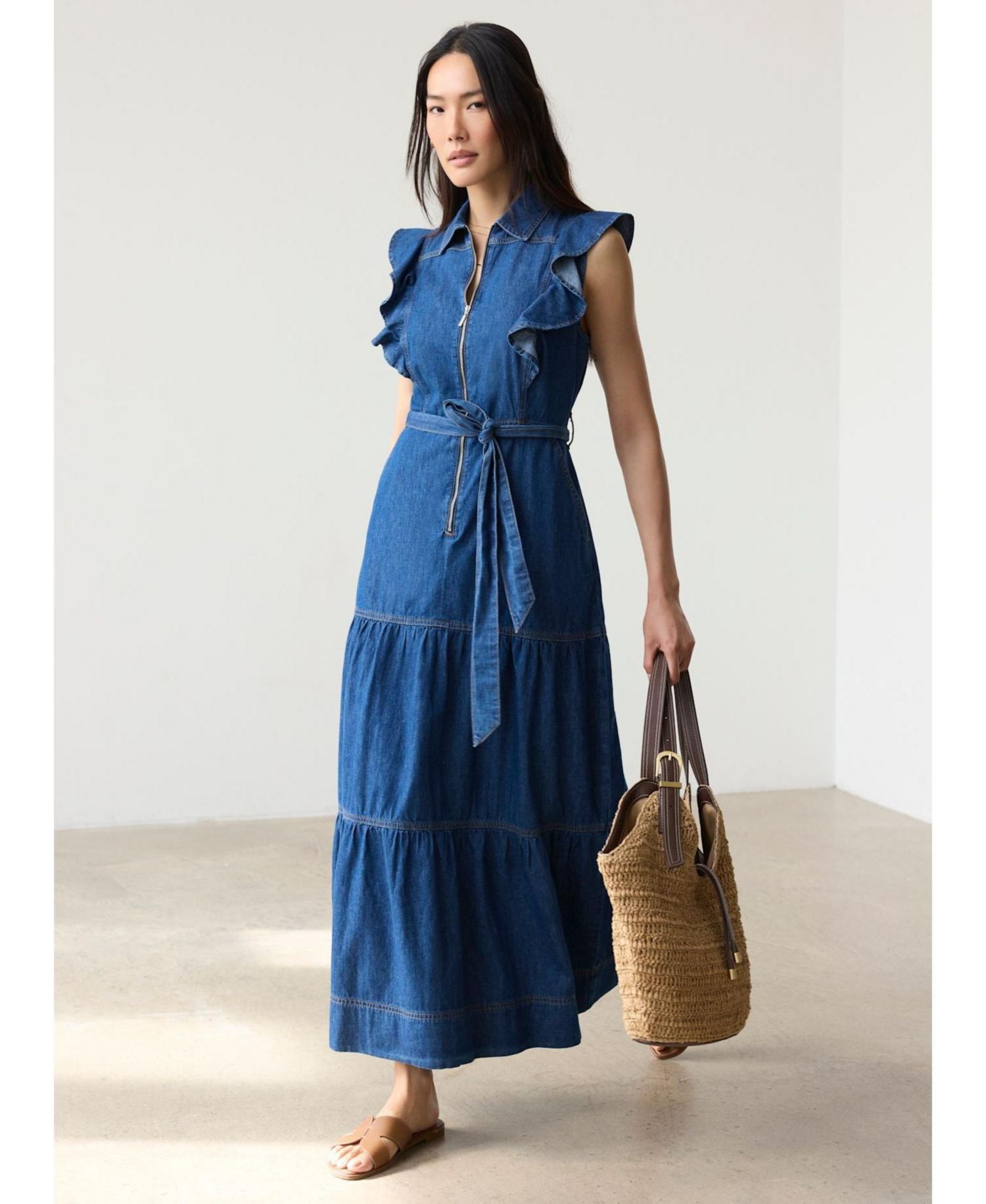 Women's Denim Ruffle Maxi Shirt Dress