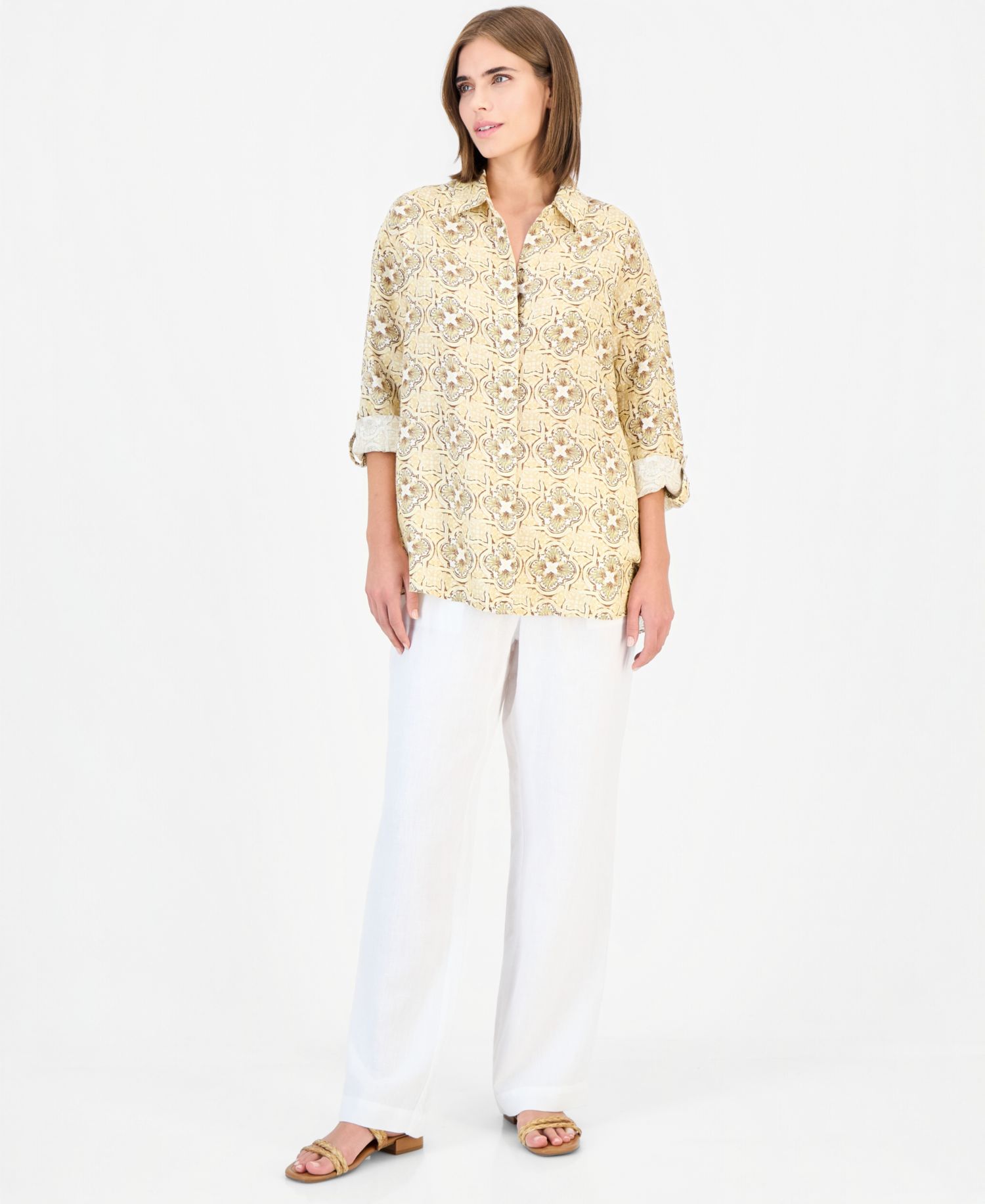 Women's Button-Front 3/4-Sleeve with Roll Tab 100% Linen Tunic