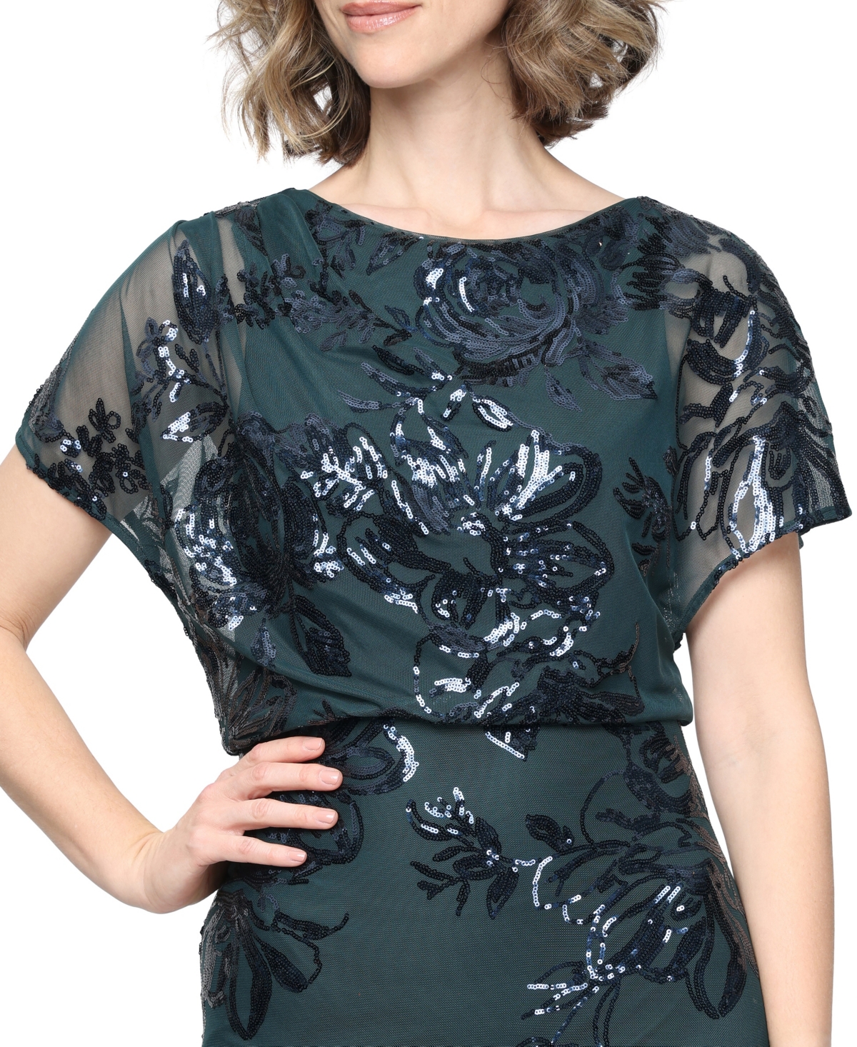 Sl Fashions Petite Sequin Floral-Print Boat Neck Dress