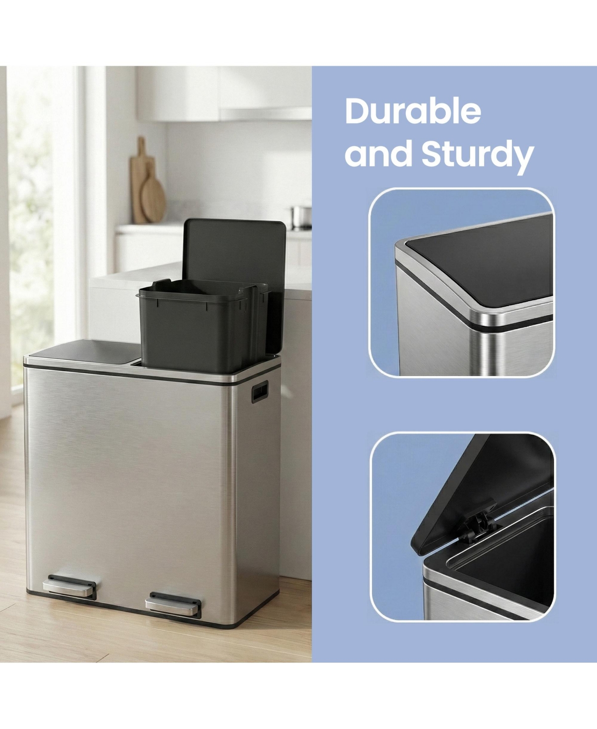 SongmicsHome Dual Garbage and Recycling Can, Stainless Steel Step Trash Can with Soft-Close Lid, 60L