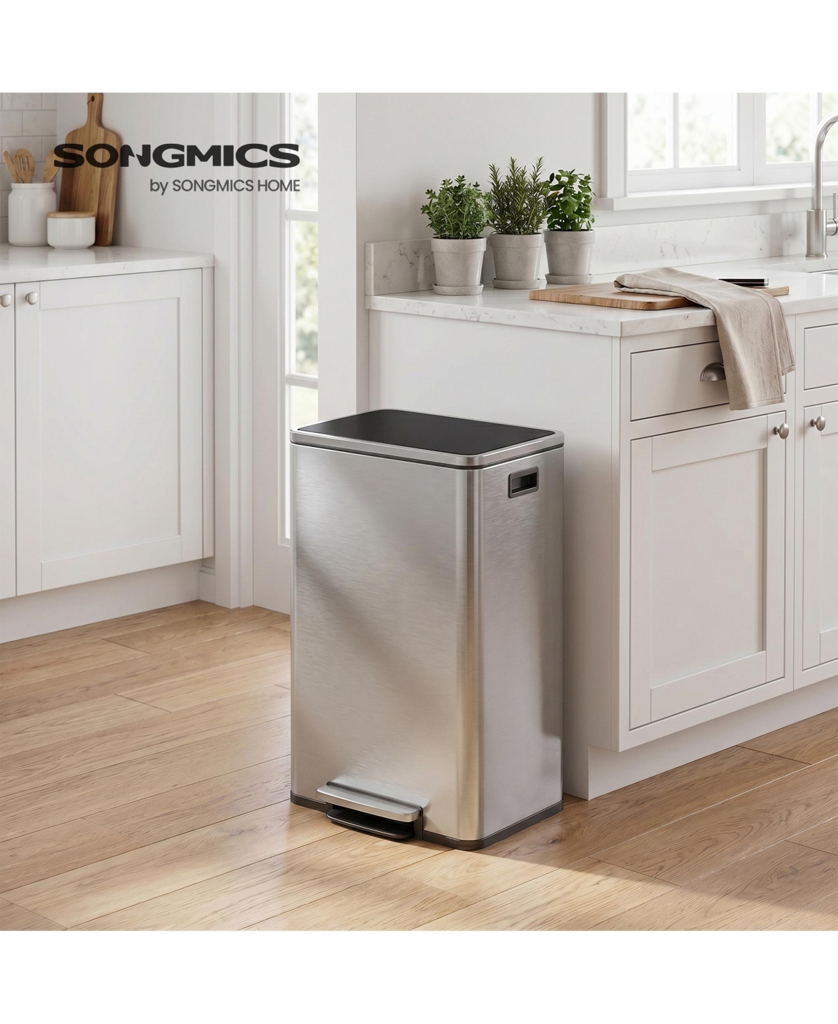SongmicsHome 50L Rubbish Bin, Stainless Steel Pedal Bin with Removable Inner Bucket, Soft Close Lid, for Kitchen